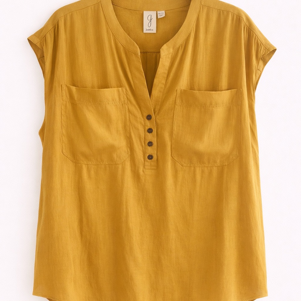Joie Mustard Split-Neck Cap-Sleeve Tunic Top